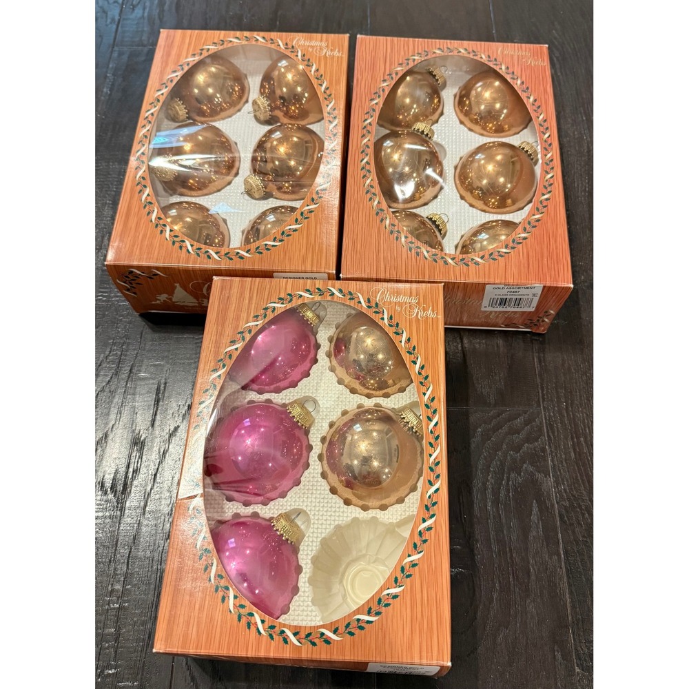 Christmas by Krebs Glass Holiday Ornaments Gold Pink Vintage Lot Of 3 (17)